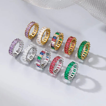 Multicolor CZ Cubic Zirconia Stackable Eternity Band Ring Silver Gold Plated Stainless Steel Moissanite Rainbow Rectangle Ring