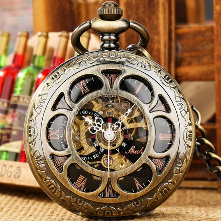 Retro Hollow Bronze Double Hunter Skeleton Steampunk Manual Mechanical Pocket Watch Locket Pendant with Chain for Men Gift