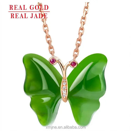 Certified Grade a Spinach Green Hotan Jade Green Jade Butterfly 18K Rose Gold Natural Jade Pendant Necklace for Men and Women