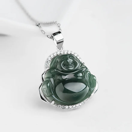 Natural Jadeite Laughing Buddha Pendant Dark Green Buddha Maitreya Pendant S925 Silver Inlaid Necklace Pendant for Women
