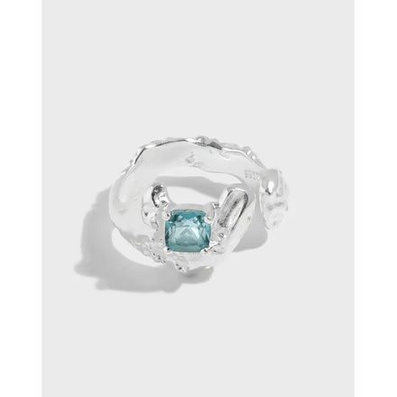 S925 Sterling Silver Open Ring Irregular Surface Micro-inlaid Artificial Tourmaline Zircon Stone Boho Minimalist Girls