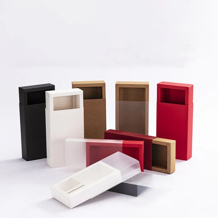 Customized Cardboard Kraft Paper Boxes Paper Box Packaging Gift Sliding Transparent Clear Frosted PVC Sleeve Sliding Drawer Box