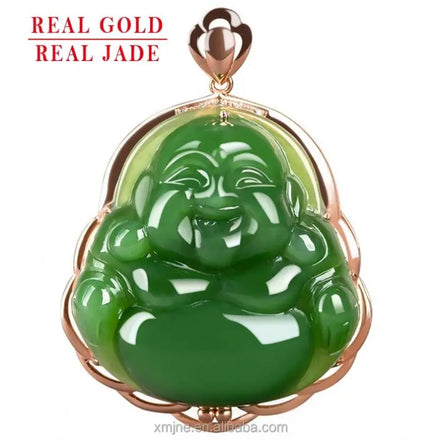 Certified Grade a Spinach Green Hetian Jade Green Jade Buddha Pendant 18K Rose Gold Pendant Jade Necklace Men and Women