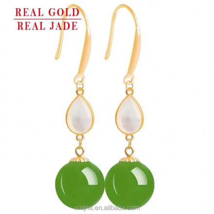 Certified Grade a Natural Spinach Green Hotan Jade Green Jade White Shell Earrings Women's 18K Gold Inlaid Jade
