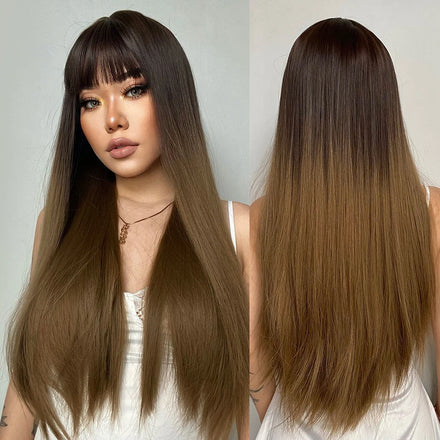 Supplier Wholesale Prices Long Straight Dark Brown Blonde Synthetic Hair Wigs with Bangs for Women Ombre Natural Black Root Wig