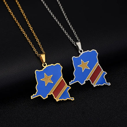 18K Gold Plated Stainless Steel Democratic Republic of Congo Flag Map Pendant Necklace Classic Style with Enameled Chain