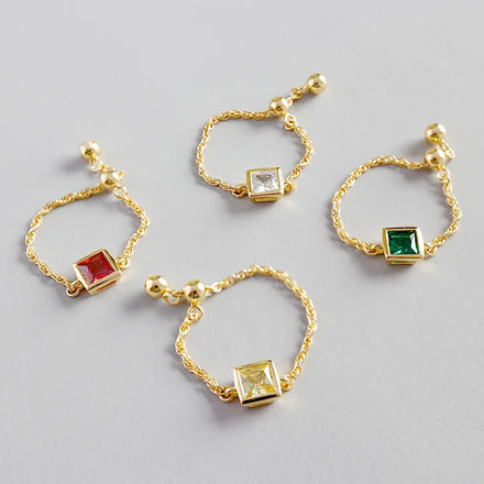 Charm Adjustable Link Chain Ring Customize Delicate Square Cubic Zirconia 925 Sterling Silver Gold Rings