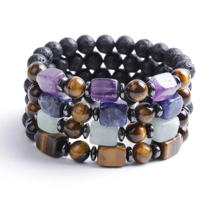 Bestone Popular Natural Gemstone Chakras Bracelets 8mm Lava Rock Braided Rope Yoga Beads Bracelet