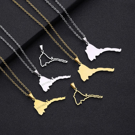 Factory 18K Gold & Stainless Steel Silver Plated Eritrea Flag Map Pendant Necklace Enamel Eritrea Map with Zircon Link Chain