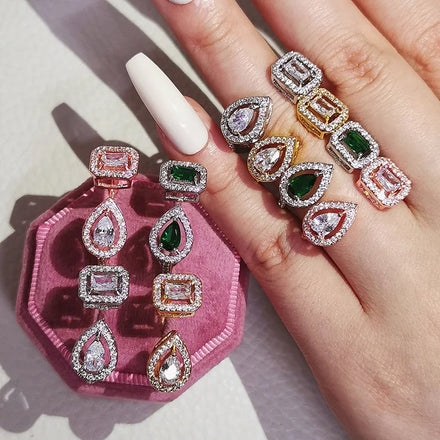 CZ Cubic Zirconia Stackable Adjustable Open Rectangle Pear Shape Engagement Ring Silver Gold Plated Pear and Emerald Cut Ring