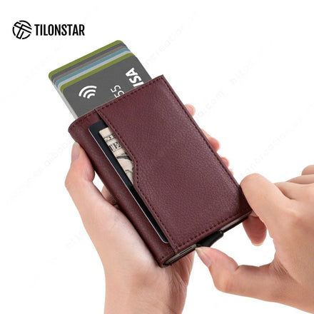 TILONSTAR Patent Authorized Functional Aluminum Case Pop up Wallet Men Custom RFID Blocking Leather Metal Wallet