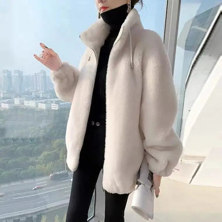 New Winter Poncho Faux Wool Grain Acrylic Lamb Fur All-in-one Thick Plus Size Women Coat