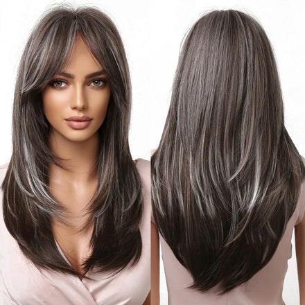 Stock Dark Black Brown Mixed Gray Highlight Synthetic Hair Wigs with Bangs Long Straight Wig for Women Natural Layered Hair