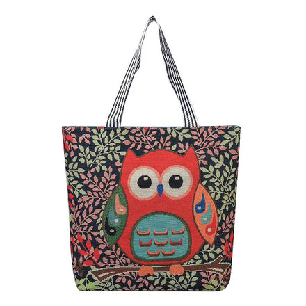 Fashion Cute Owl Printing Big Tote Bags Retro Zipper Storage Books Bag Durable Canvas Handbags for Girls