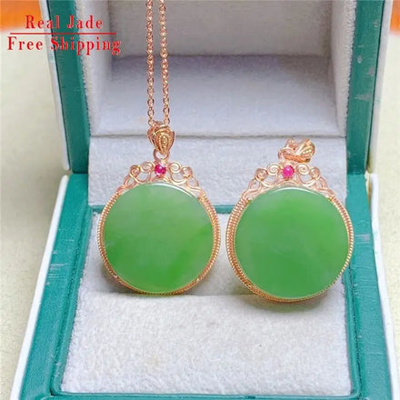 Certified Grade a Authentic Spinach Green Natural Jasper Round Lucky Pendant 18K Gold Necklace Male and Female Jade Pendant
