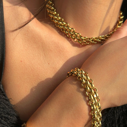 2023 Dazan New Ins 18k Gold Plated Tarnish Free Stainless Steel Polished Super Shine Ot Button Woven Chain Necklace Jewelry Set
