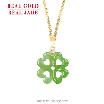 Certified Grade a Spinach Green Jasper Hollow Clover Pendant Genuine 18K Gold Natural Jade Pendant Necklace for Men and Women