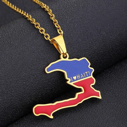 Manufacturer Enameled Haiti Map Chain Necklace Stainless Steel 18K Gold Plated Enamel Haitian National Flag Map Pendant Necklace