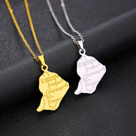 Manufacturer FRENCH GUIANA Map Chain Necklaces Stainless Steel Silver 18K Gold Plated GUYANE Flag Map Pendant Necklace