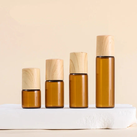 IBELONG 1ml 2ml 3ml 5ml Clear Amber Glass Roll on Bottle for Essential Oil Roller Perfume Bottle With Wooden Color Cap