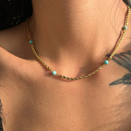 Dazan New 18k Gold Plated Tarnish Free Stainless Steel Modern Blue Amber Fried Dough Twist Chain Necklace Handmade Jewelry