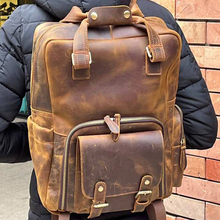 Custom Logo Men's Luxury Full Grain Cowhide Travel Backpack Real Genuine Crazy Horse Leather Digital Gear & Camera Bag