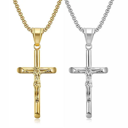 Popular Silver Gold Pendants Chain Cross Crucifix Necklace Stainless Steel Neck Waterproof Religious Jesus Cross Necklace