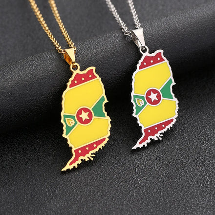 Manufacturer Enameled Grenada Map Chain Necklaces Stainless Steel 18K Gold Plated Enamel Grenada Flag Map Pendant Necklace