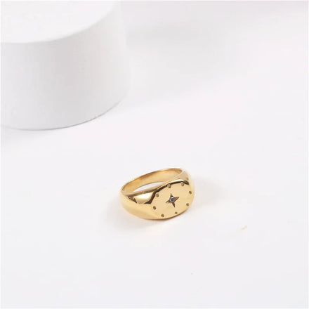 Fenny 18K Gold Plated High End Fashion Starburst Zirconia Oval Seal Ring Trendy Rings No Fade Stainless Steel Wholesale Jewelry