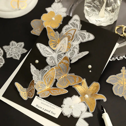 20pieces/pack Bronzing Parchment Paper Stickers Flower Room Dream Building Series Butterfly Plant Paper Material 8