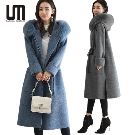 Liu Ming New Arrival Winter Women Fashion Faux Fur Collar Outwear Woolen Jackets Trench Coats