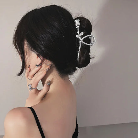 Alloy Metal Rose Flower Hair Clip Claw Fashion Women 5.7*10.7cm Silver Color Back Head Shark Clips Elegant Large Claw Clips