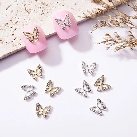 10Pcs Butterfly Crystal Rhinestones Nail Art Charms Gold Silver Butterfly Zircon Diamond DIY Nail Art Decoration Accessories