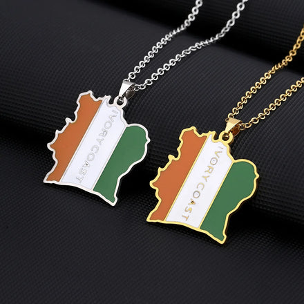 Enameled Cote D'Ivoire Map Chain Necklaces Stainless Steel 18K Gold Plated Enamel National Flag Map Pendant Necklace