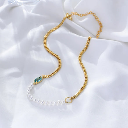 Trendy Designer Marquise Rhinest Psj Brass Rhodium 18K Gold Plated Imitation Pearl Beads Link Chains Chokers Necklaces for Women
