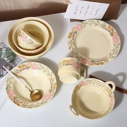 Ins Cream Rose Ceramic Plate Vintage French Breakfast Cake Plate Fruit Salad Plate