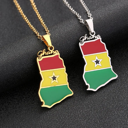 Manufacturer Enameled Ghana Map Chain Necklaces Stainless Steel 18K Gold Plated Enamel Ghana National Flag Map Pendant Necklace