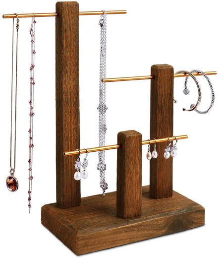 Rustic Wood Jewelry Display Stand 2-Way T-Bar Storage Rack for Necklaces Earrings Bracelets Home Organizer