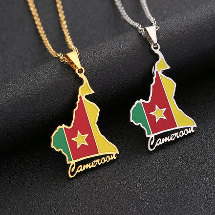Enameled Cameroon Map Chain Necklaces Stainless Steel 18K Gold Plated Enamel Cameroon National Flag Map Pendant Necklace