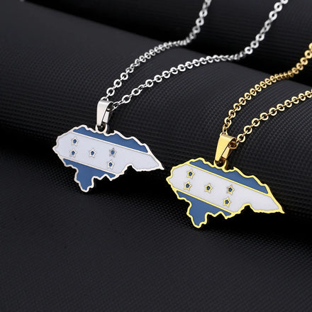 Enameled Honduras Map Chain Necklaces Stainless Steel 18K Gold Plated Enamel Honduras National Flag Map Pendant Necklace