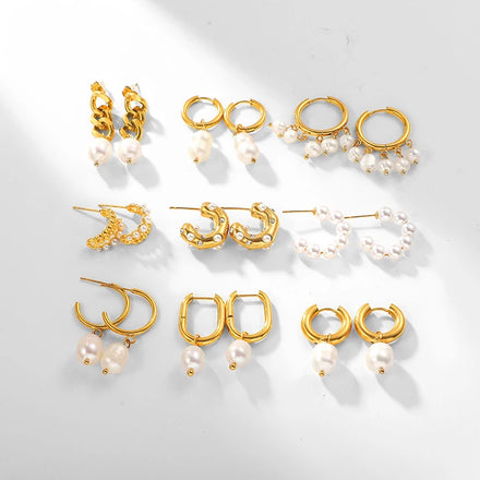 G1806 Wholesale Stainless Steel 18K Plated Gold PVD Waterproof Women Jewelry Unusual Earrings Jewelry Pearl Dangle Earrings