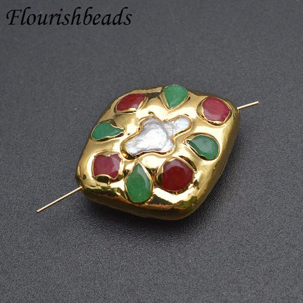 New Arrival Red Green Stone Paved Natural Freshwater Pearl Cross Decoration Rhombus Shape Gold Plating DIY Pendant Loose Beads