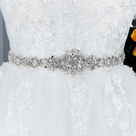 Long Ribbon Belt Silver Rhinestone Crystal Sewable Applique Wedding Dress Bridal Decoration Waist Belt