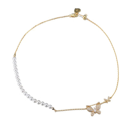 INS Trendy Shell Pearl Bead butterfly Jewelry Psj Brass 18k Gold Plated Cubic Zircon Chain Charm Necklaces for Women Lady