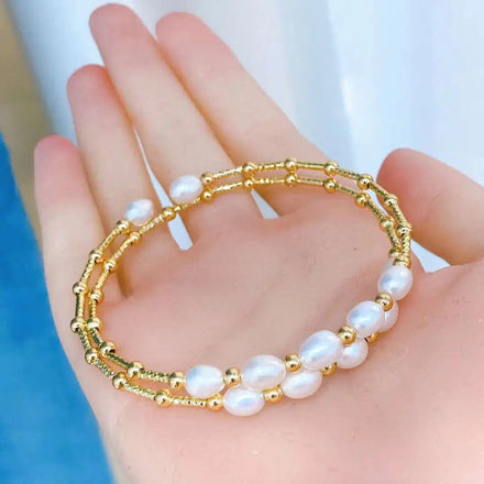 Original Design Double Ring Slap Snap Gold Plated AAAA White Rice Shape Natural Freshwater Pearl Mermaid Princess INS Bracelet