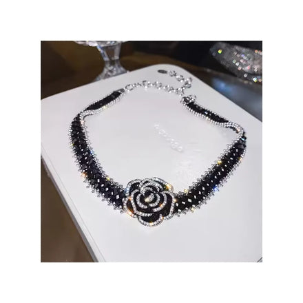 Midnight Rose Handmade Beaded Necklace French Vintage Rhinestone Black Crystal Flower Choker Trendy Link Chain Mainly Made Alloy