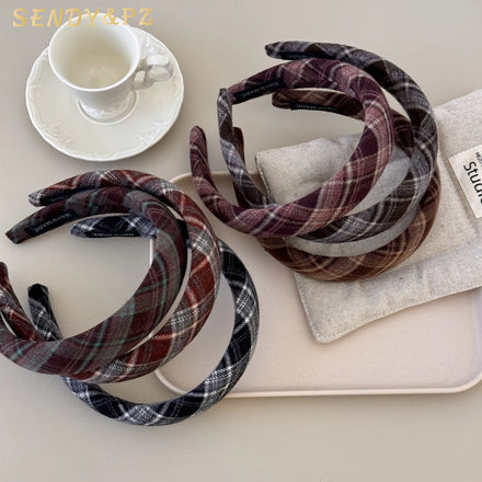 New Luxury Design Retro Color Blocking Plaid Headband Red Wide Edge Hairband High Skull Top Sponge Hair Hoop Wholesale