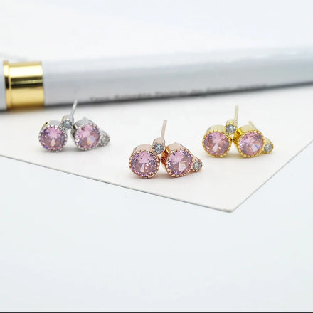 GZA2-S10 Real Silver 925 pink Stone Solitaire Earrings Studs Round Cubic Zirconia Bezel Setting