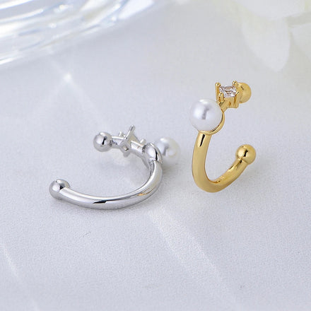 Minimalist Single Shell Pearl Clip on Stud Ear Jewelry Psj Brass Rhodium 18k Gold Plated Cuff Earrings for Women Girls