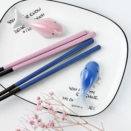 Gold Field Wedding Gift Set 2 Pairs Wooden Chopsticks 2 Ceramic Whale Rests Eco-Friendly Luxury Blue Pink Box Him Her